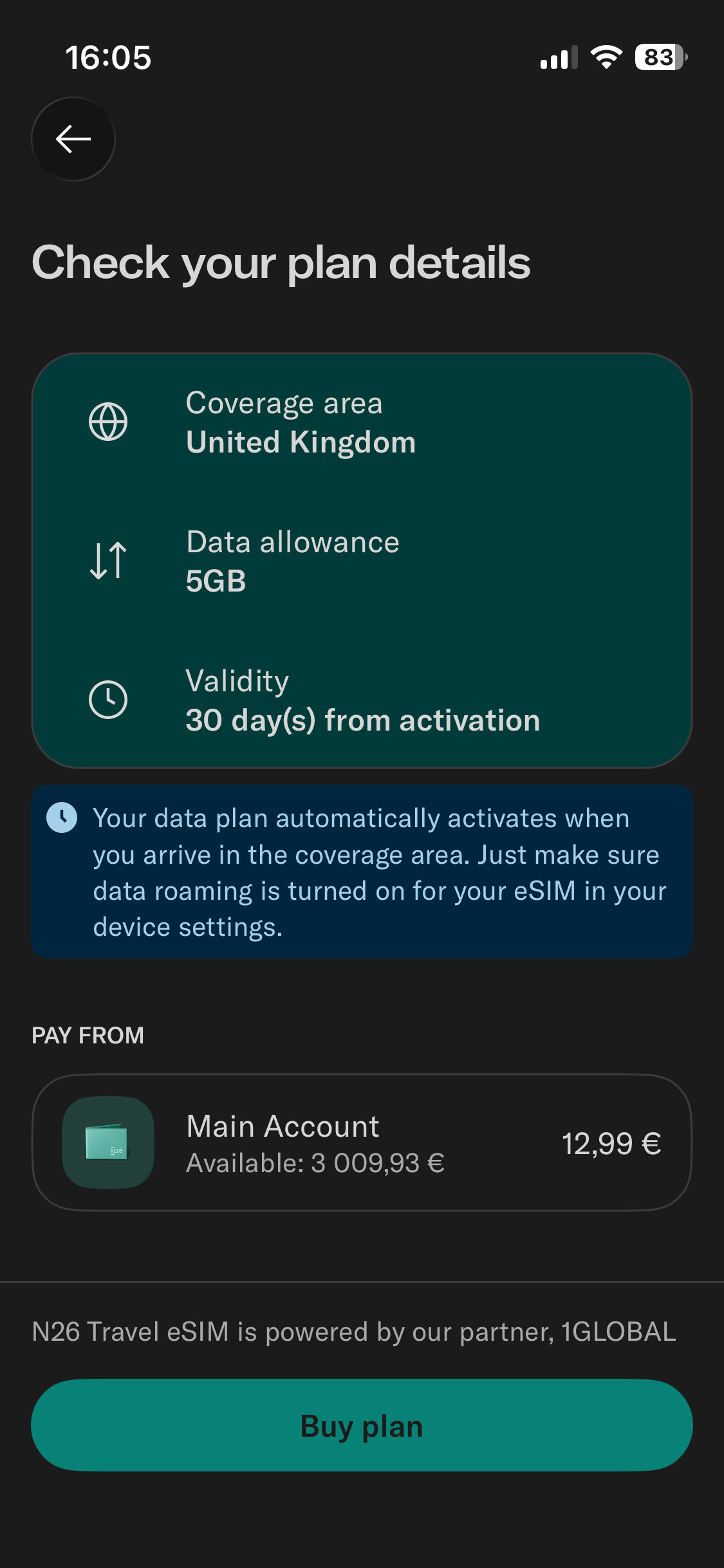 Zakup pakietu eSIM w aplikacji neobanku N26 — 5 GB na 30 dni, partner 1GLOBAL