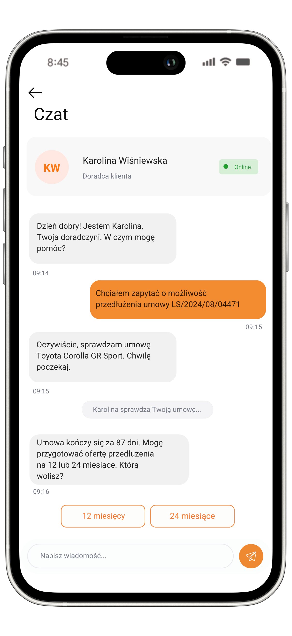 Czat z konsultantem lub chatbotem wewnątrz aplikacji leasingowej