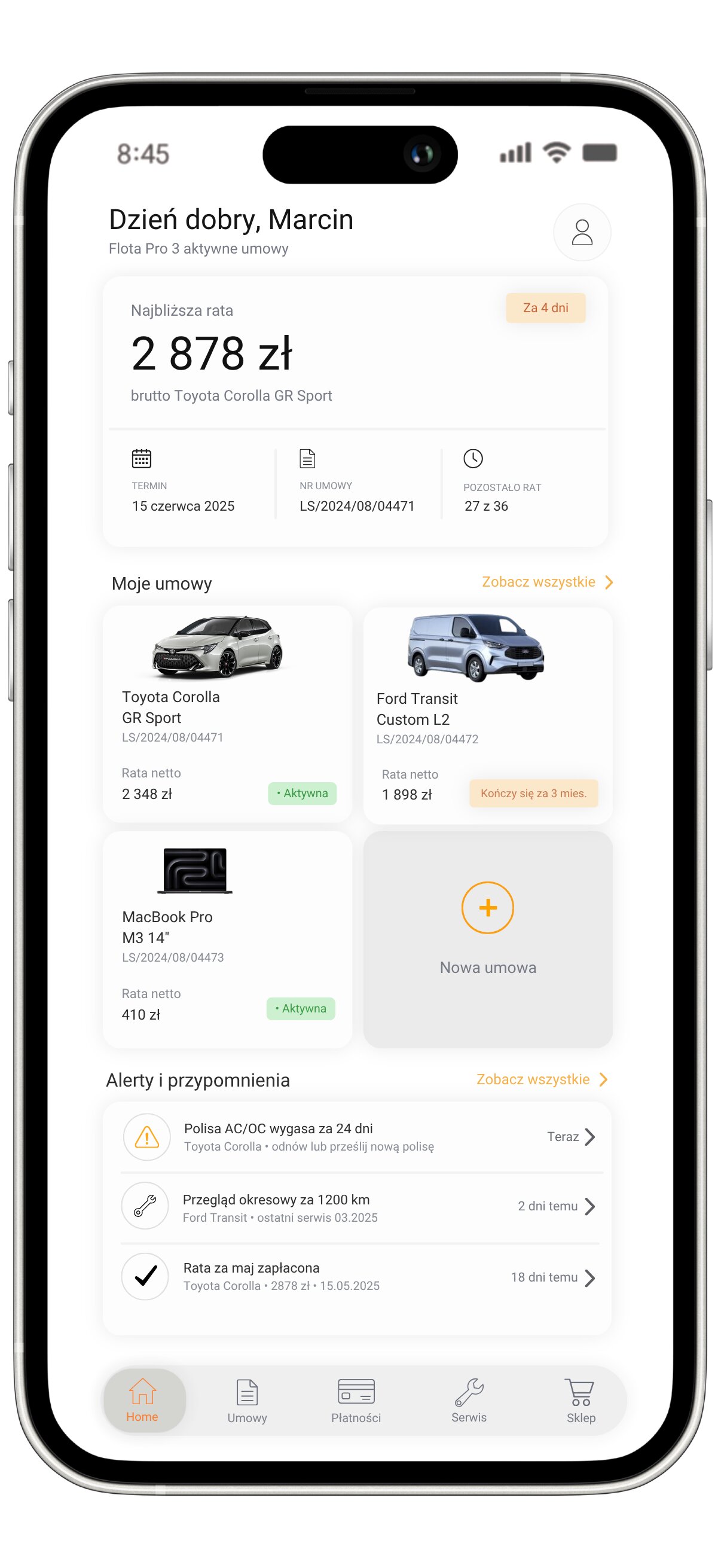 Pulpit (dashboard) aplikacji leasingowej: najbliższa rata, alerty i skróty do umów