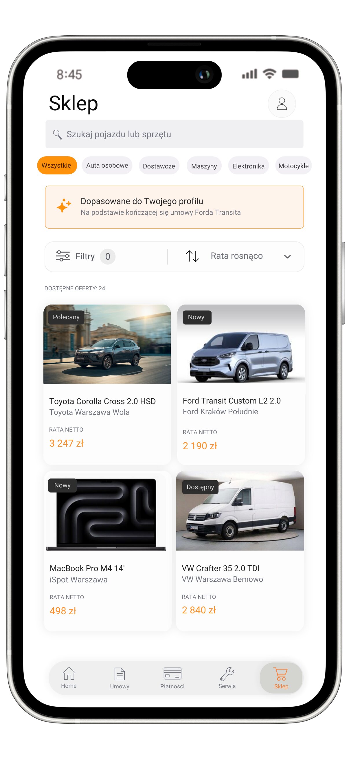 Sklep w aplikacji leasingowej: katalog produktów partnerów i dealerów z filtrowaniem