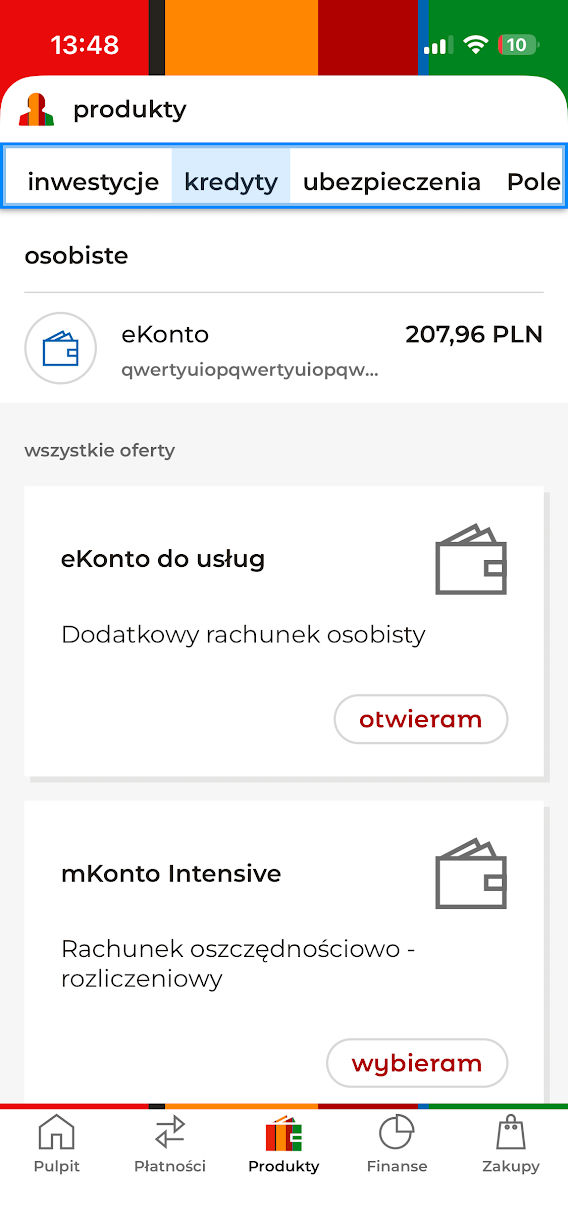 Ekran produktowy aplikacji bankowej z poziomym paskiem zakładek — wyraźna ramka fokusu otacza aktywną zakładkę podczas nawigacji za pomocą zewnętrznej klawiatury.