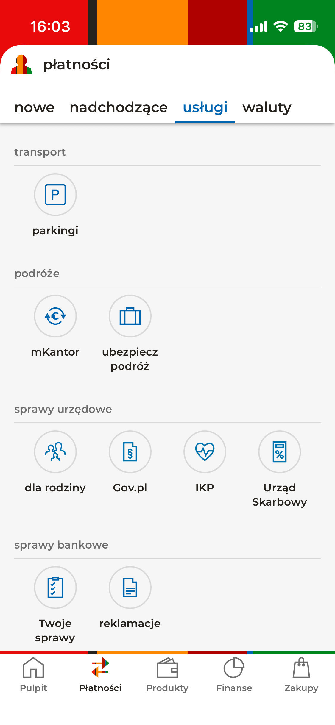Sekcja usług dodatkowych w aplikacji mBanku: parkingi, mKantor, ubezpieczenie podróży, sprawy urzędowe