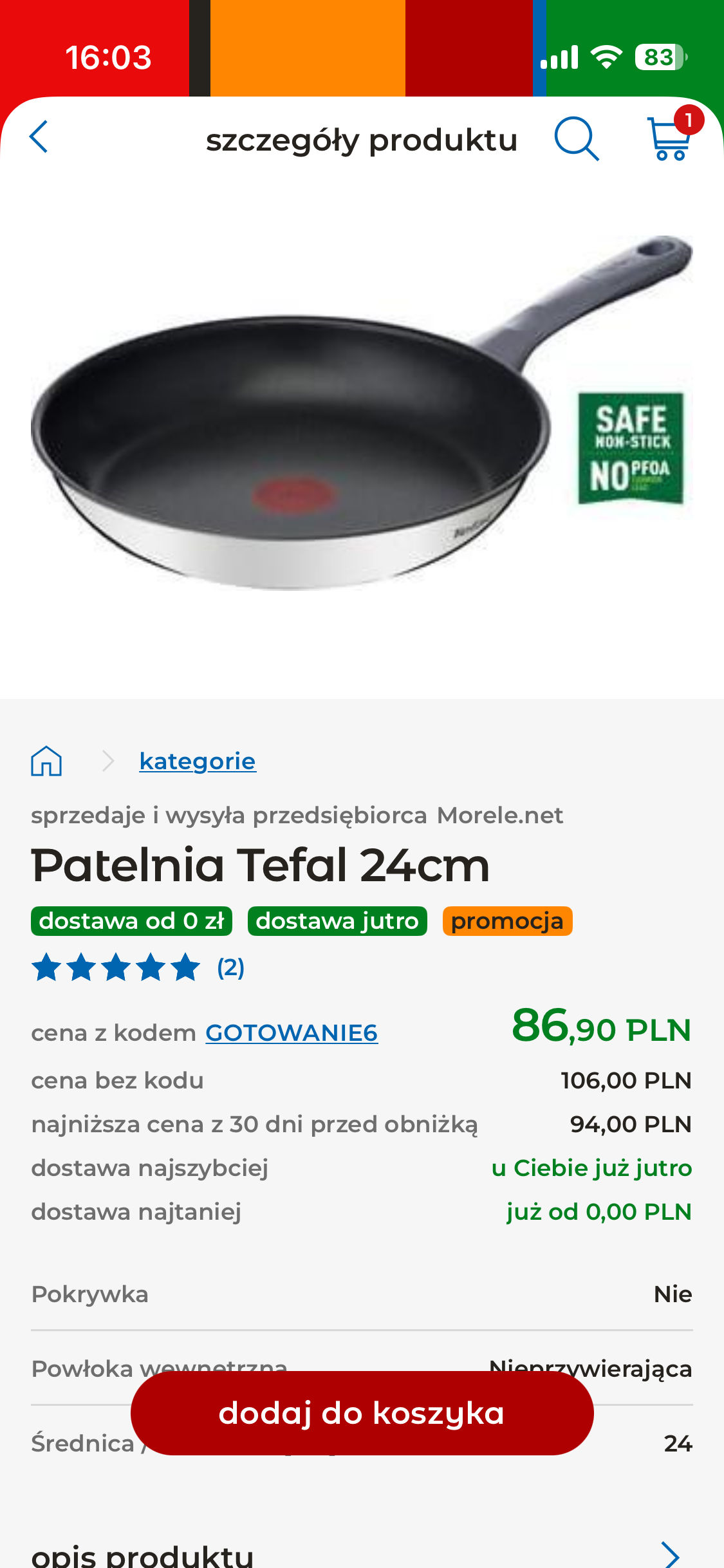 Karta produktu (patelnia Tefal) na marketplace morele.net wewnątrz aplikacji mBanku
