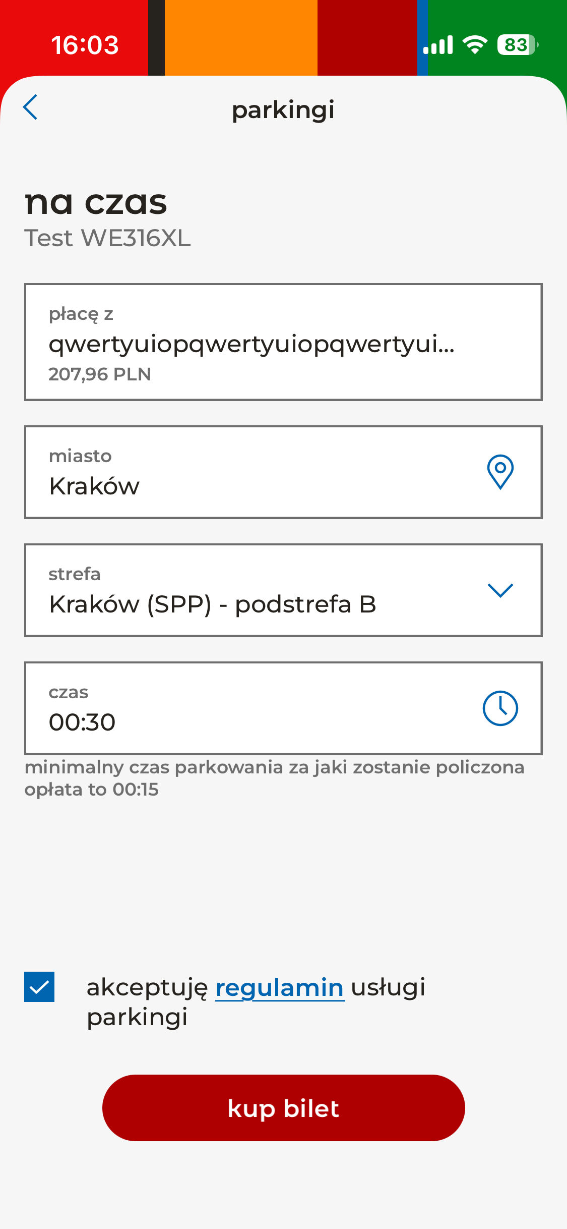 Opłata za parkowanie w aplikacji mBanku — wybór miasta, strefy i czasu postoju