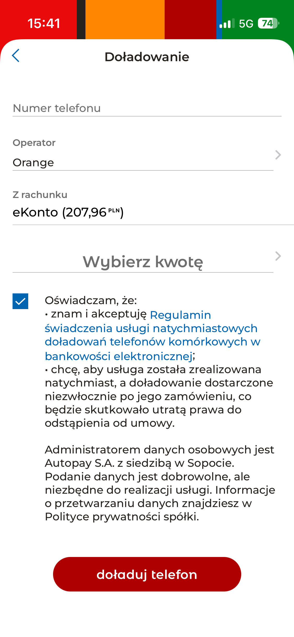 Doładowanie telefonu w aplikacji mBanku, z Autopay jako administratorem danych
