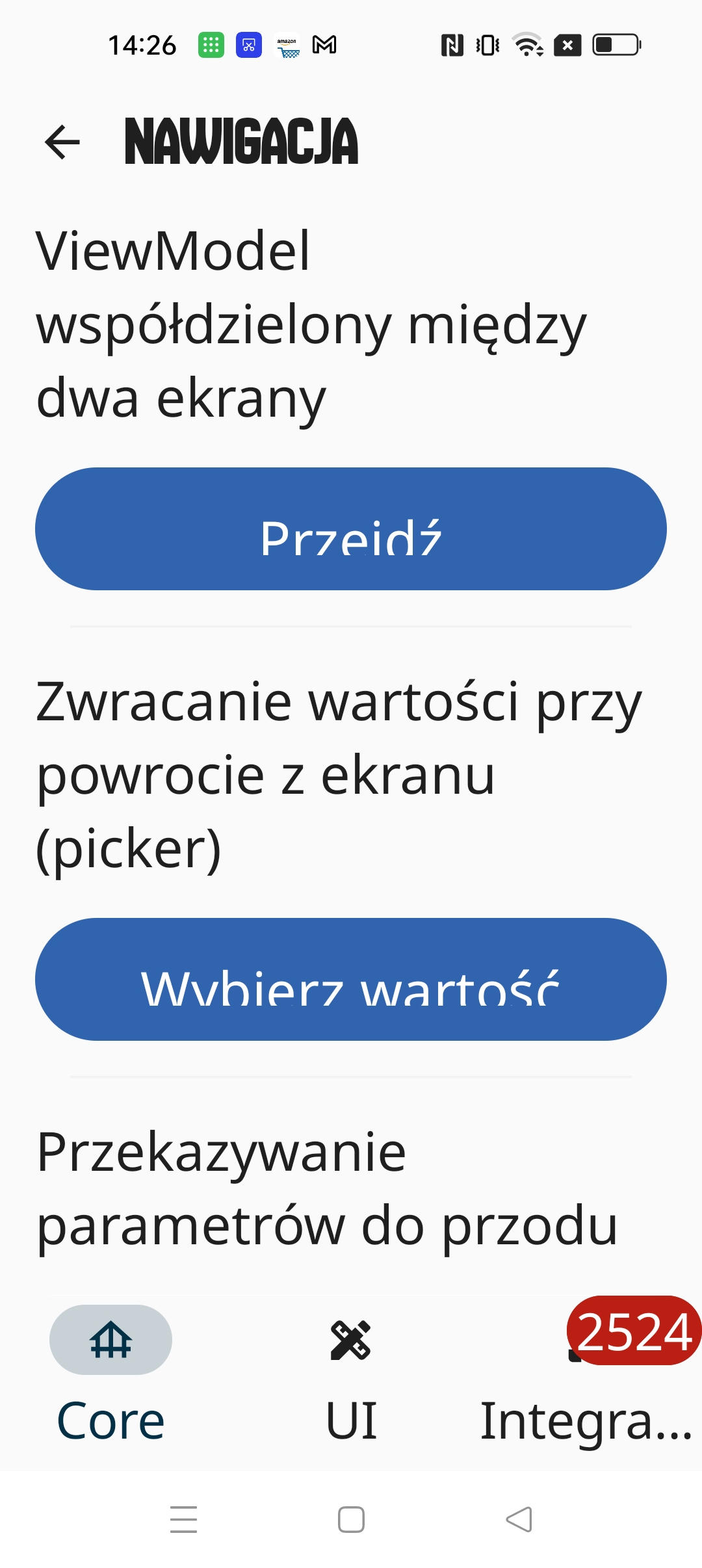 Przykład błędów dostępności na ekranie testowym przy powiększonej czcionce systemowej: napisy na przyciskach „Przejdź