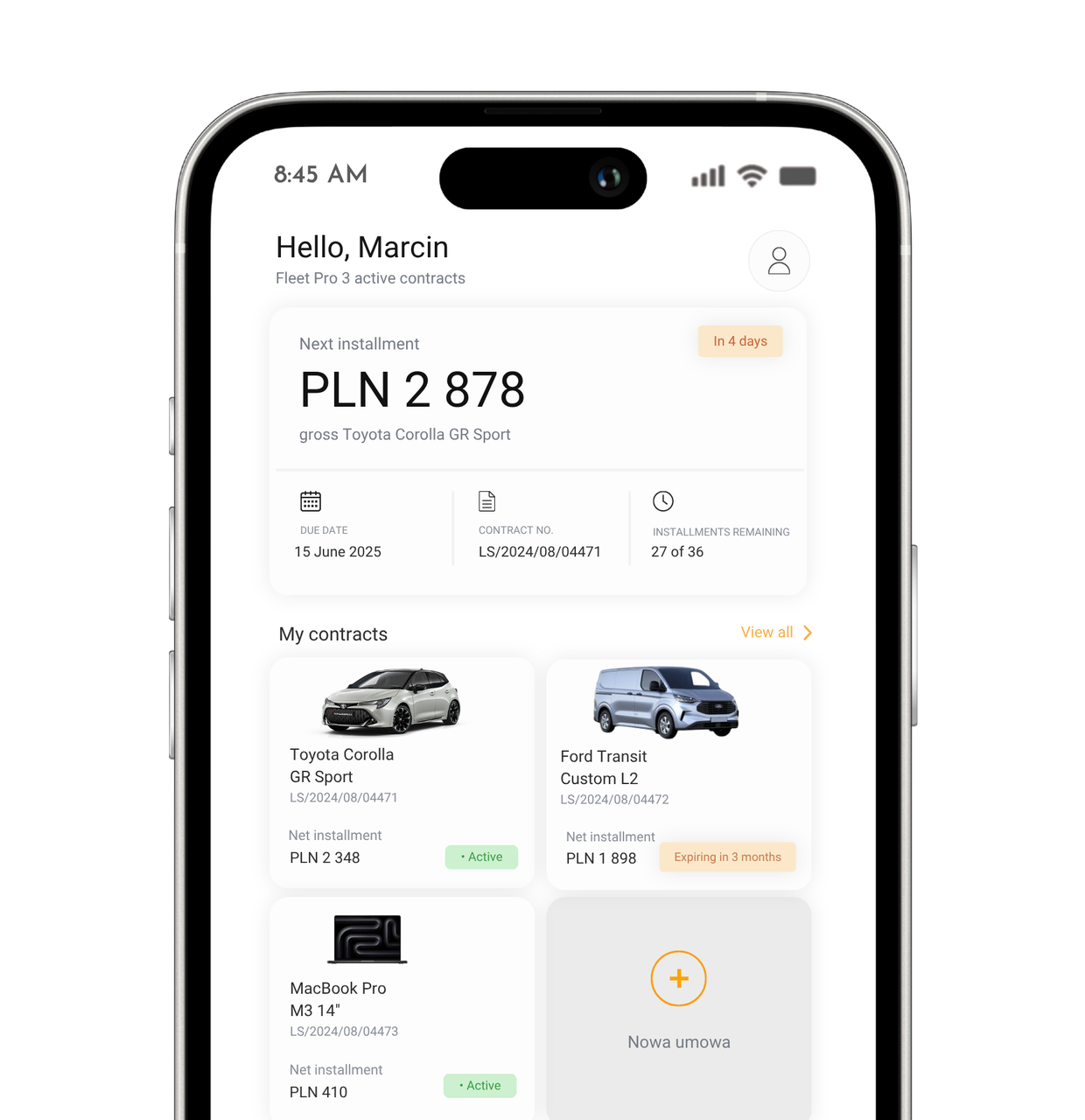 Leasing App home screen with the next installment and list of contracts