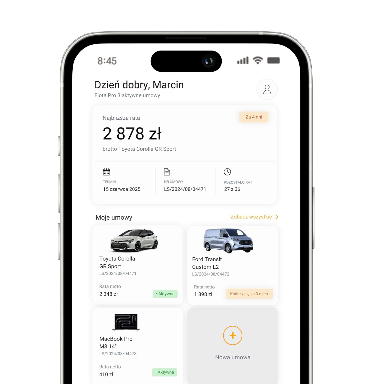 Ekran główny aplikacji Leasing App z najbliższą ratą i listą umów