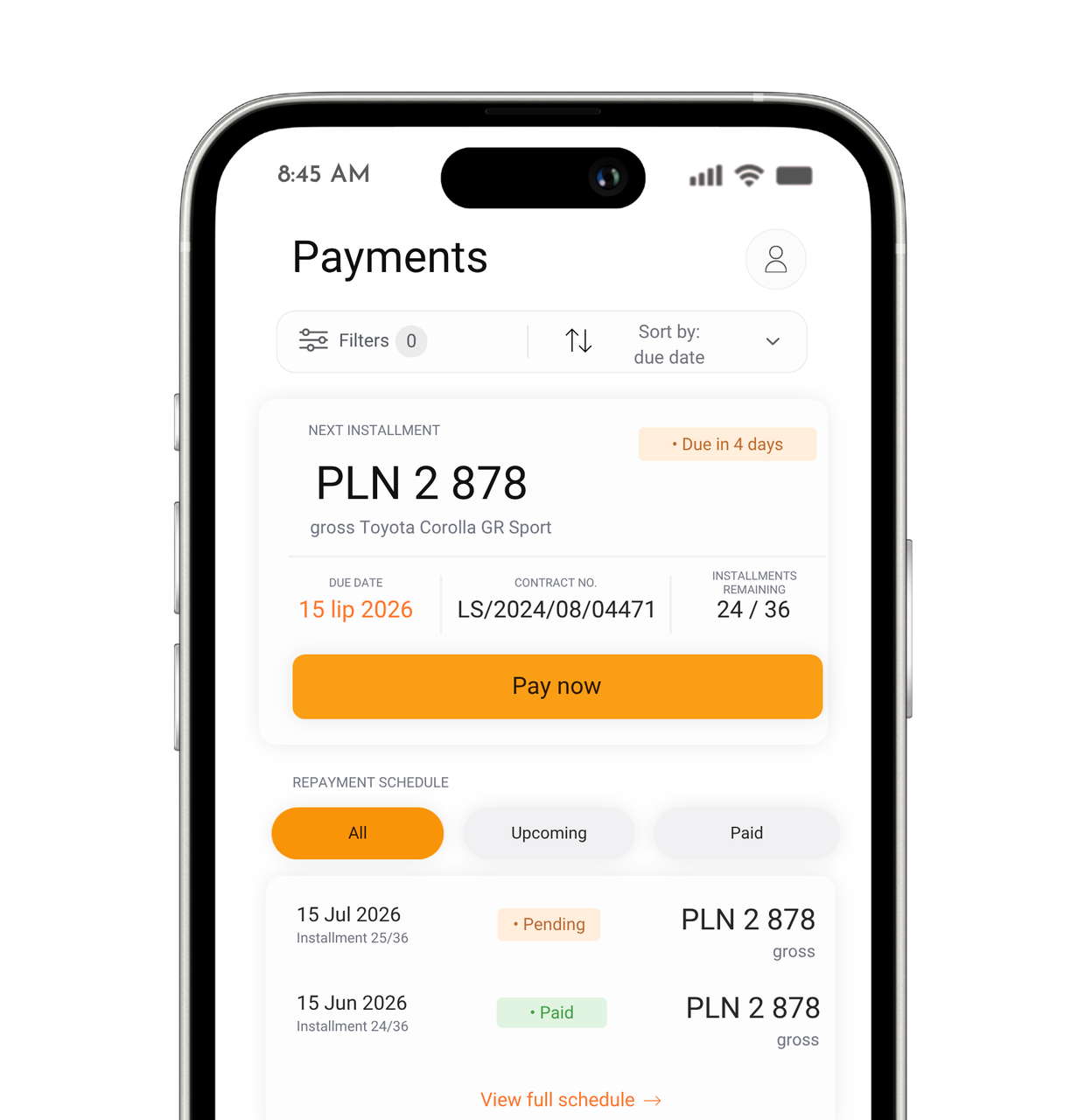 Payments screen with installment schedule
