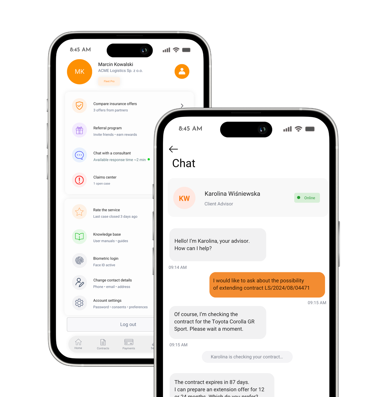 User profile and advisor chat screens