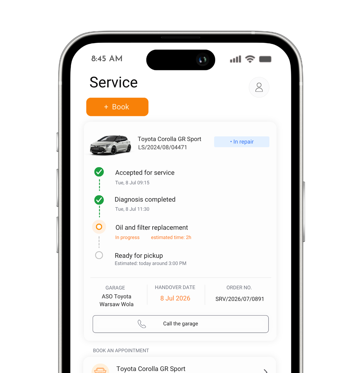 Service screen with vehicle repair status