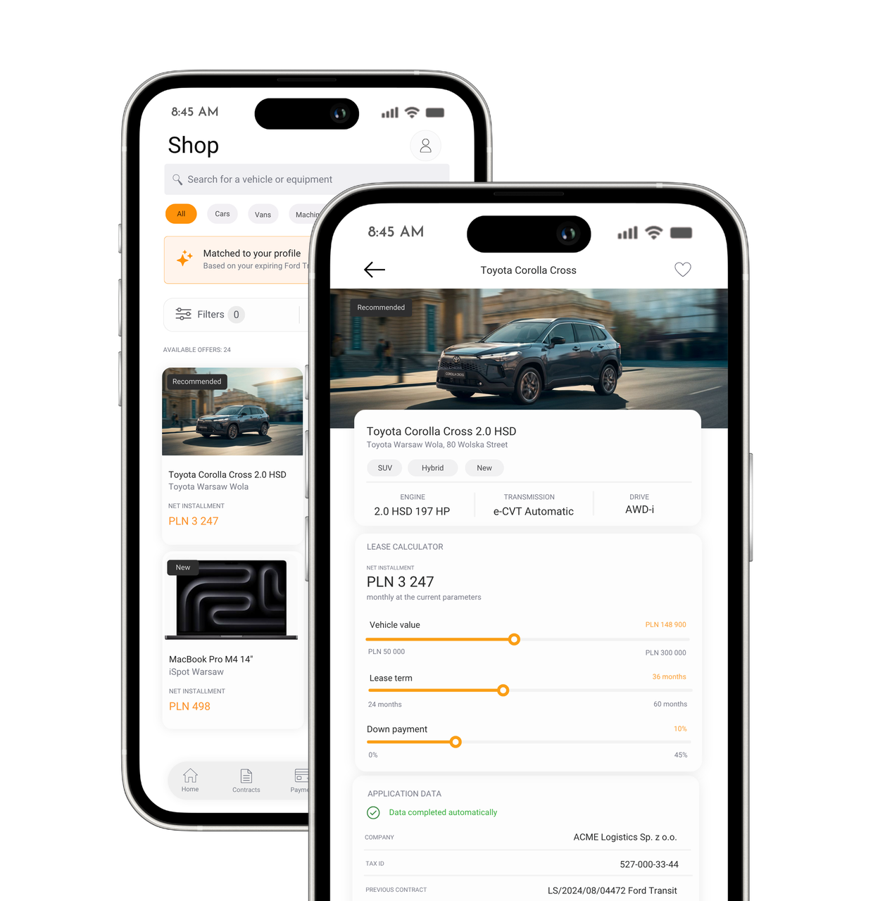 Shop and product card screens with a lease calculator
