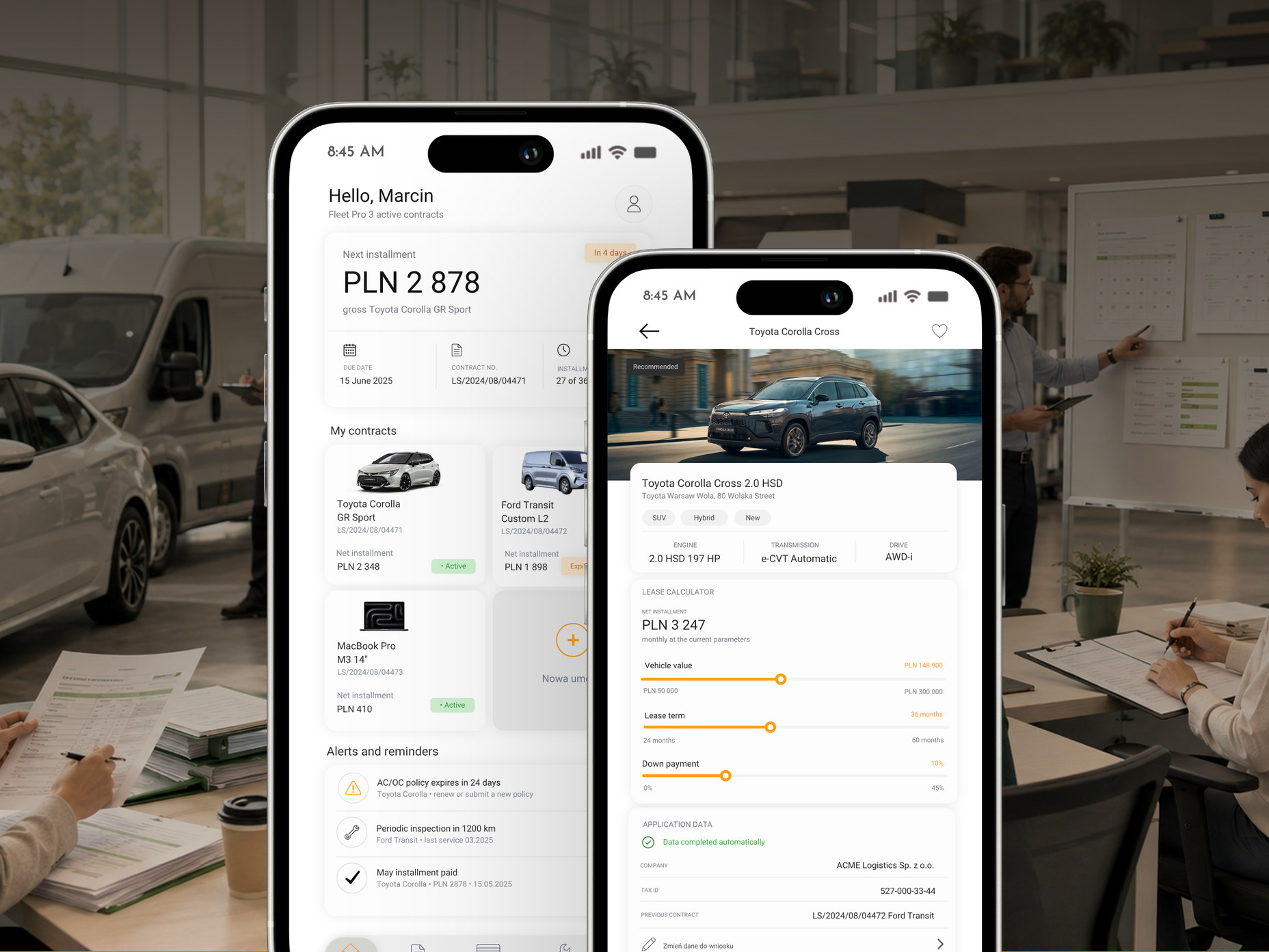 Leasing App mobile application on two smartphone screens